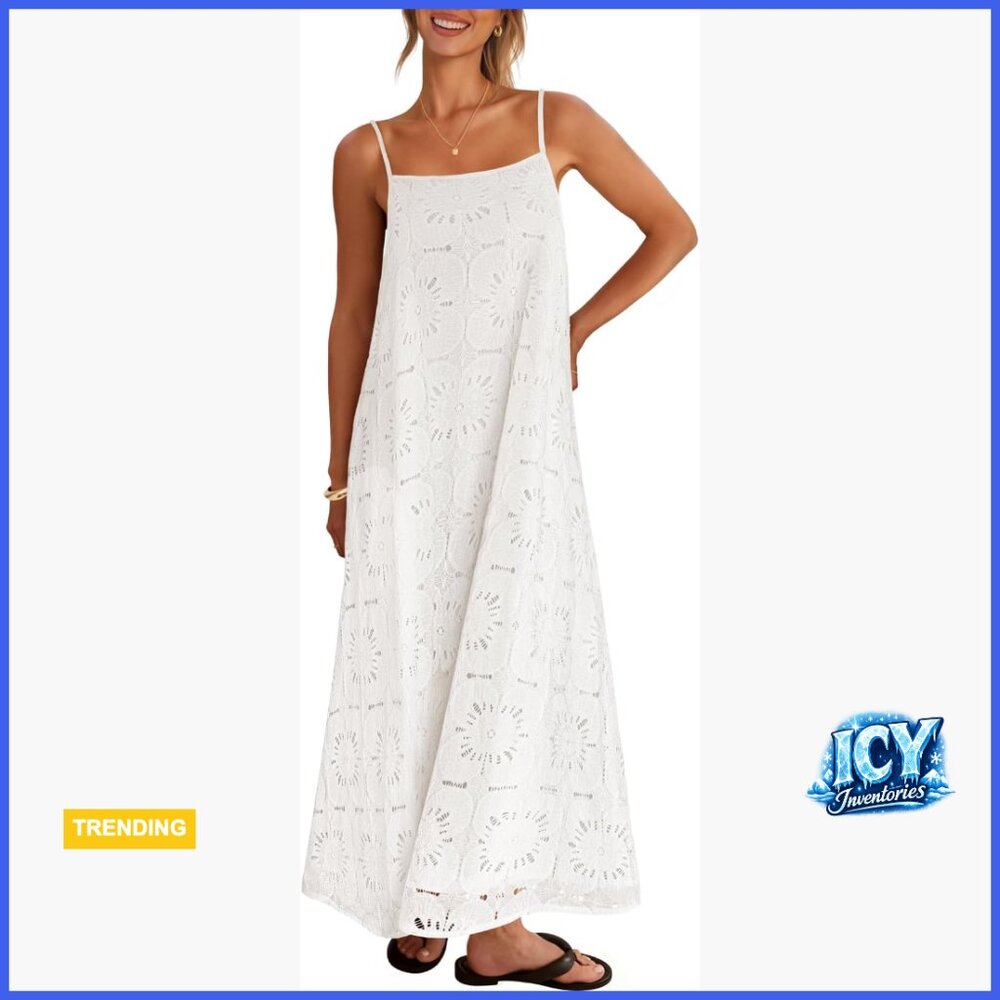 Spaghetti Straps Sleeveless Maxi Dress with Lace Eyelet and Side Pockets